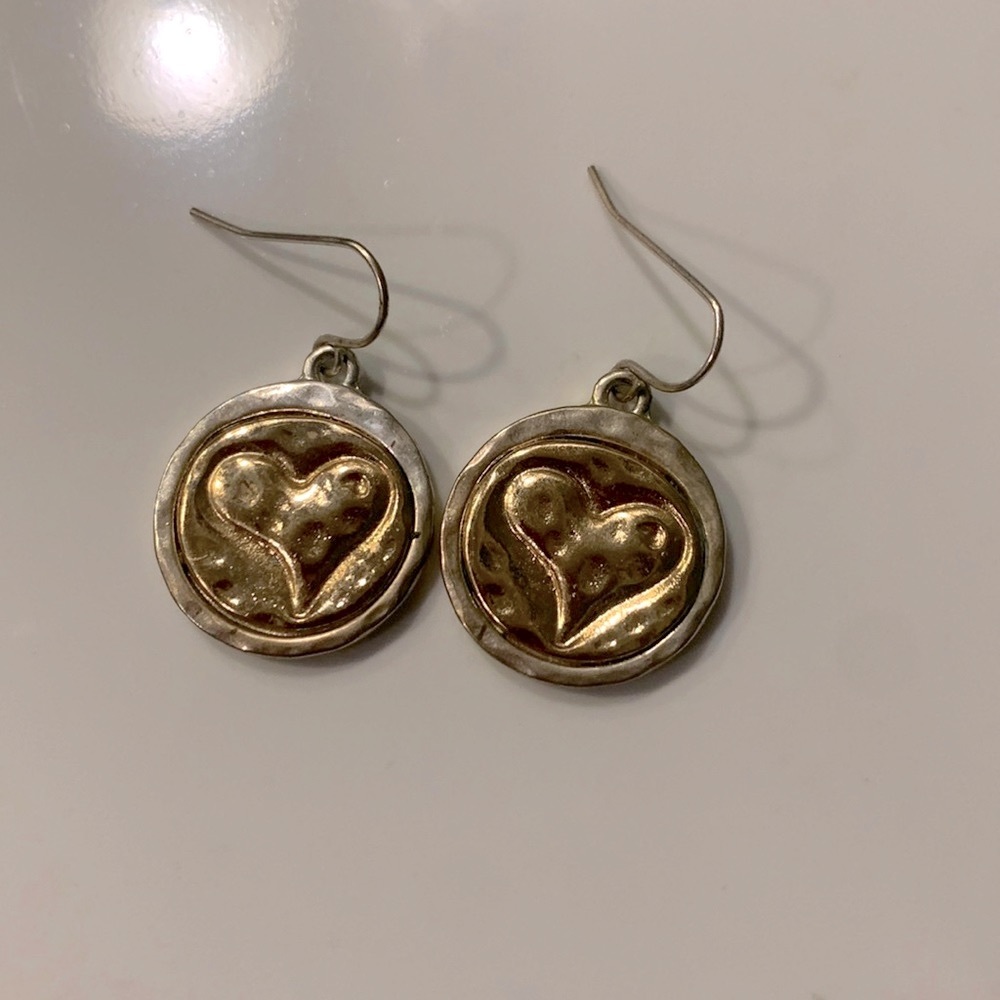 Heart ♥️ earrings, dangle, two tone.